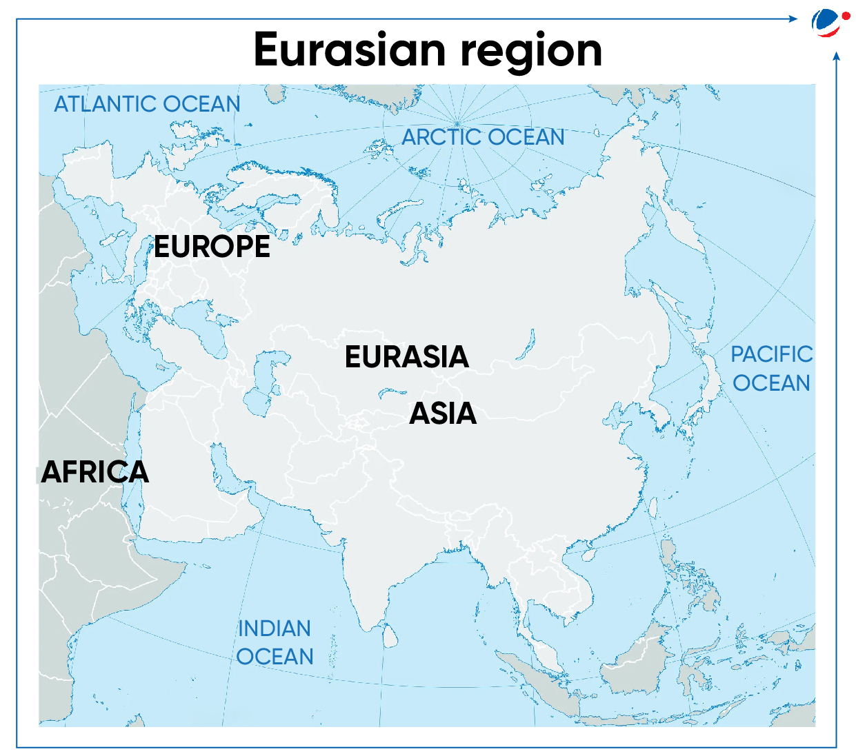 A labeled map showing the Eurasian region. Europe and Asia are highlighted. Surrounding oceans, including the Atlantic Ocean, Arctic Ocean, Pacific Ocean, and Indian Ocean, are marked. Africa is partially visible to the southwest.