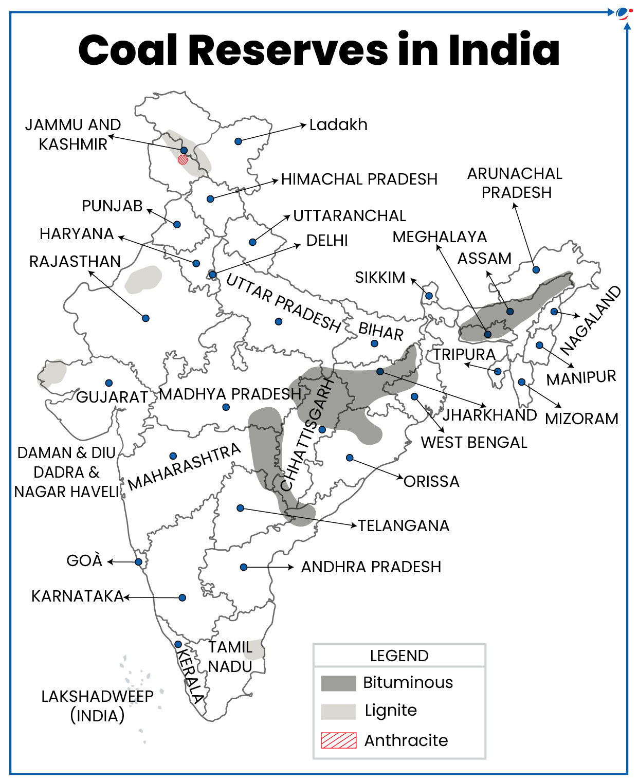 A map of India showing coal reserves. Different regions are marked with types of coal: Bituminous, Lignite, and Anthracite. Shaded areas indicate coal deposits in specific states, including Jharkhand, Odisha, Chhattisgarh, and West Bengal.