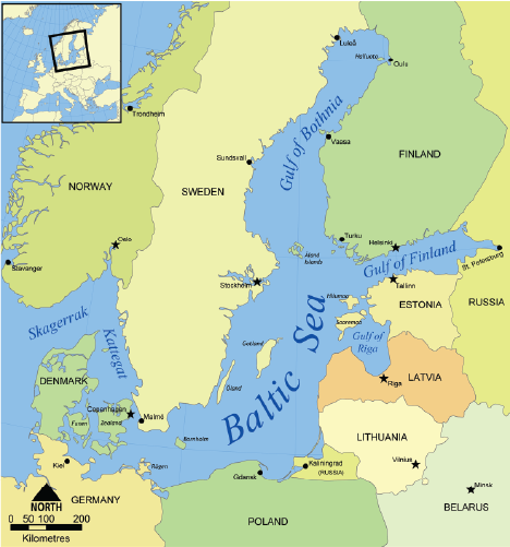 A detailed map of the Baltic Sea region, showing surrounding countries including Sweden, Denmark, Germany, Poland, Lithuania, Latvia, Estonia, Finland, and Russia. Major cities, gulfs, and geographical features are labeled, with a scale and a small locator map inset.