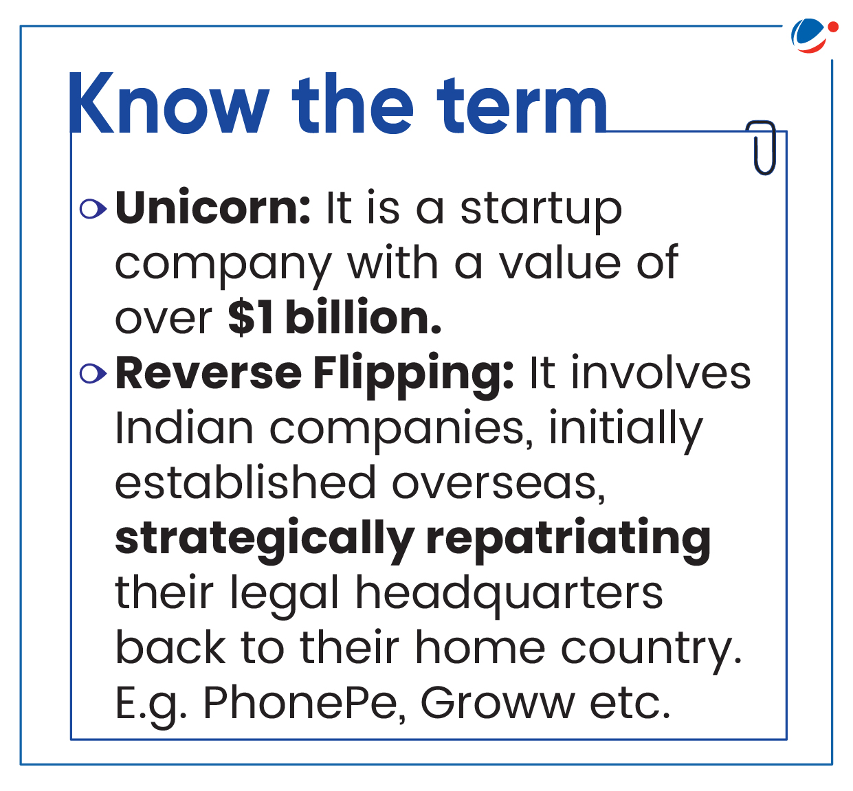 An informative graphic with the title "Know the term." It defines "Unicorn" as a startup valued over $1 billion, and "Reverse Flipping" as the practice of Indian companies relocating their legal headquarters back to India. Examples include PhonePe and Groww.