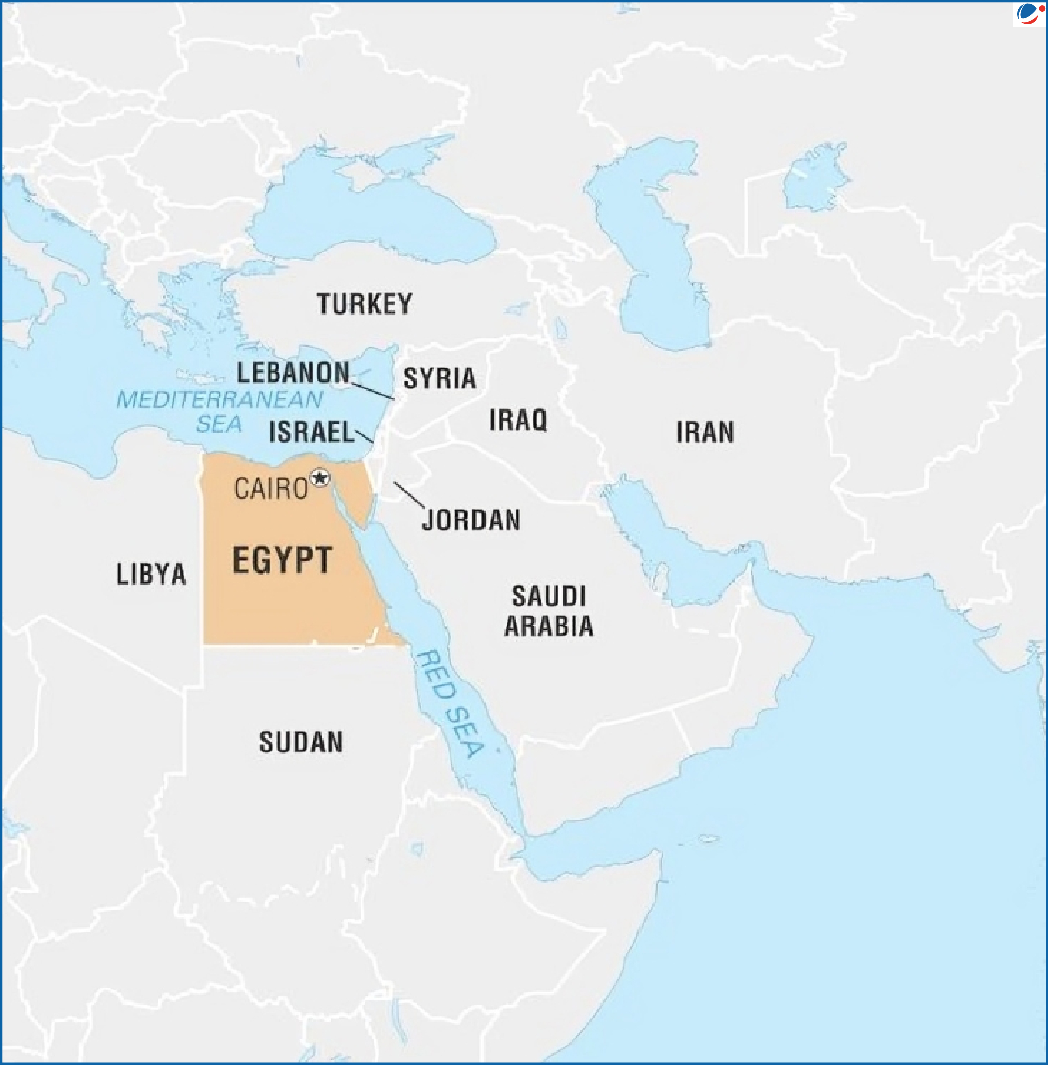 Map showing Egypt and surrounding countries, including Libya, Sudan, Israel, Jordan, Saudi Arabia, and Syria, along with nearby seas like the Mediterranean Sea and Red Sea.