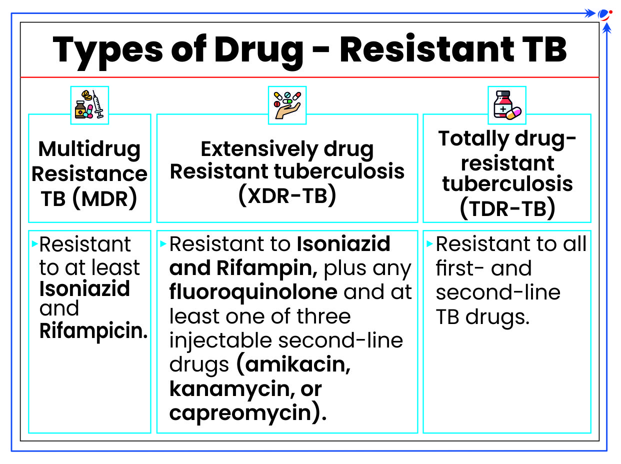 An infographic outlining three types of drug-resistant tuberculosis (TB): Multidrug Resistance TB (MDR), Extensively drug Resistant tuberculosis (XDR-TB), and Totally drug-resistant tuberculosis (TDR-TB). For each type, it provides a brief description of the specific drugs to which the TB strain is resistant, ranging from resistance to at least two first-line drugs in MDR-TB to resistance to all first- and second-line TB drugs in TDR-TB.