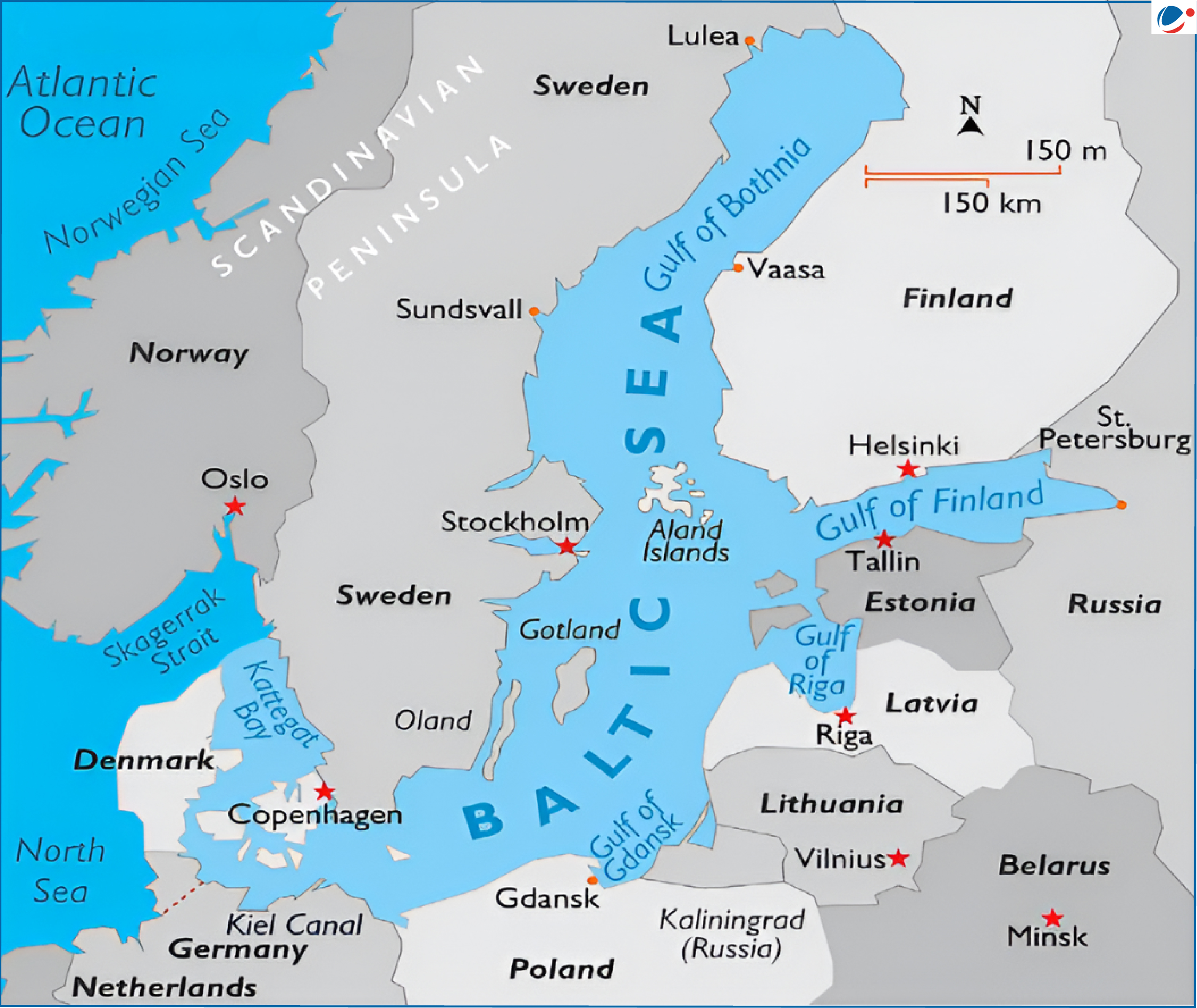 Map of the Baltic Sea region showing surrounding countries including Sweden, Finland, Estonia, Latvia, Lithuania, Poland, Germany, Denmark, and Russia, along with major cities such as Stockholm, Helsinki, Copenhagen, and Riga, and nearby water bodies like the Gulf of Bothnia, Gulf of Finland, and Gulf of Gdańsk.