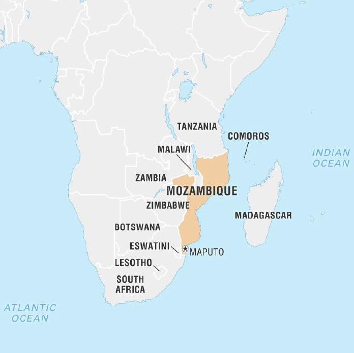 A map of Southern Africa highlighting Mozambique in tan. Surrounding countries include Tanzania, Malawi, Zambia, Zimbabwe, Botswana, Eswatini, and South Africa. The map also shows the Indian Ocean to the east and Madagascar off to the southeast.