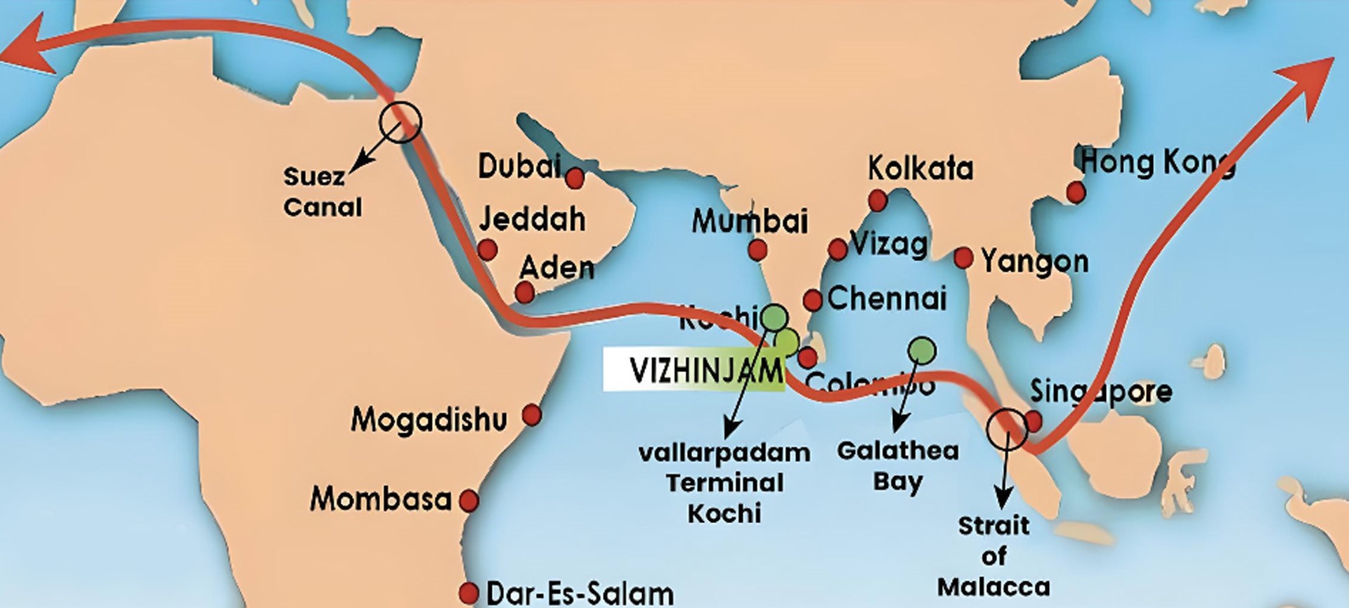 Map shows the location of Galathea Bay port. It also shows the international sea trade route and Strait of Malacca.