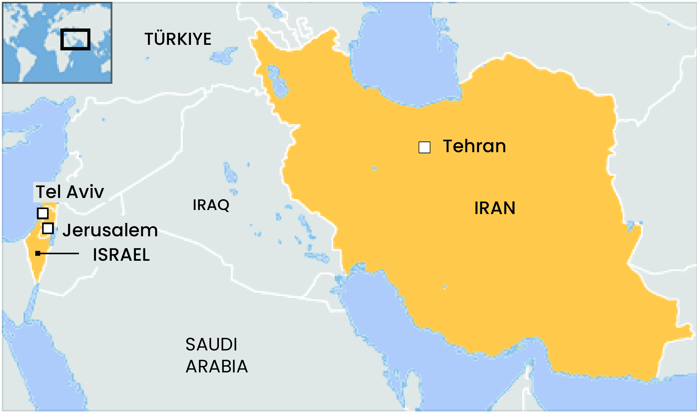 An infographic map showing West Asian Region with countries Iran and Israel highlighted in different color.