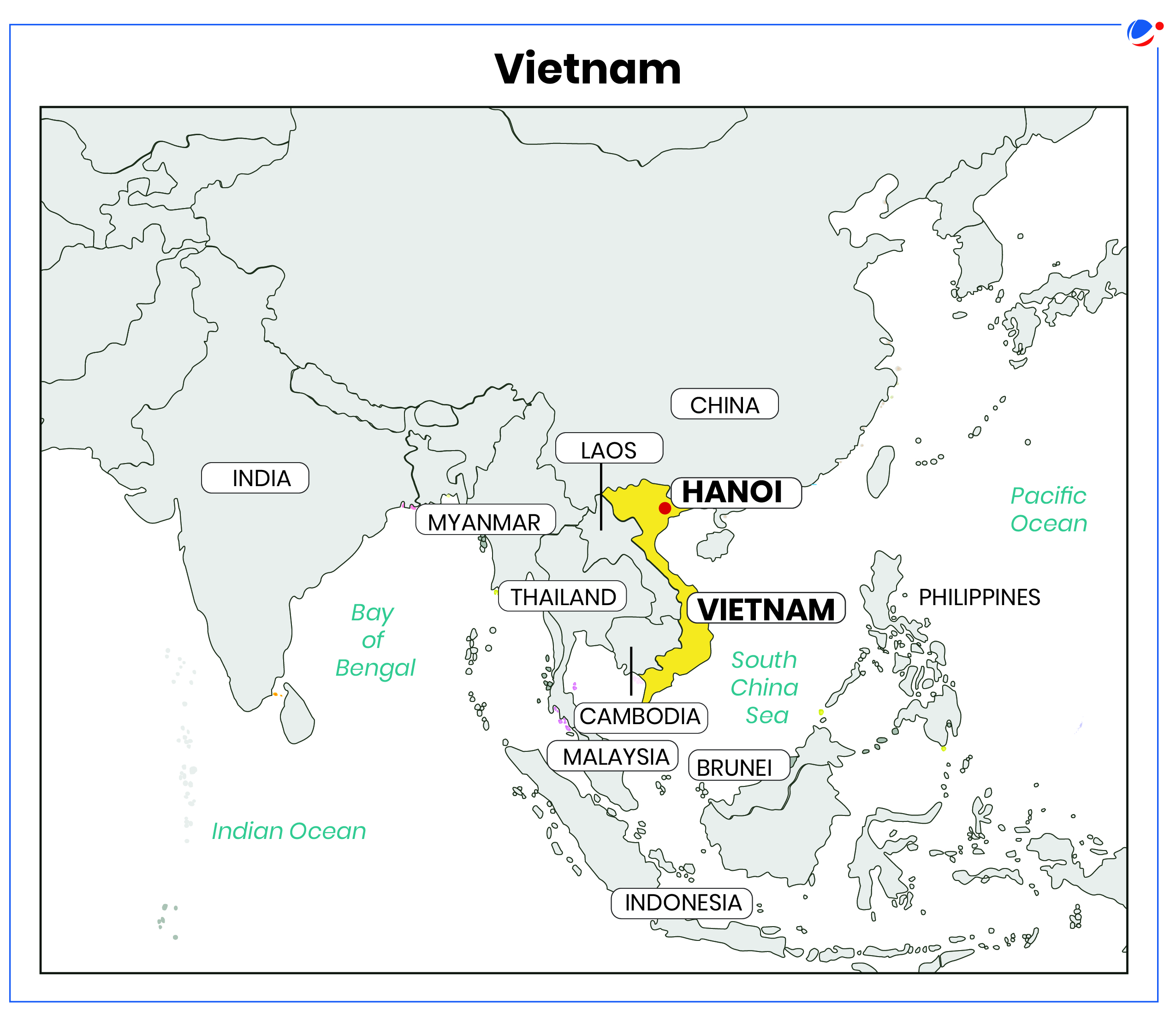 A map showing India, Vietnam, Bay of Bengal, Indian Ocean, South China Sea and Pacific Ocean. 