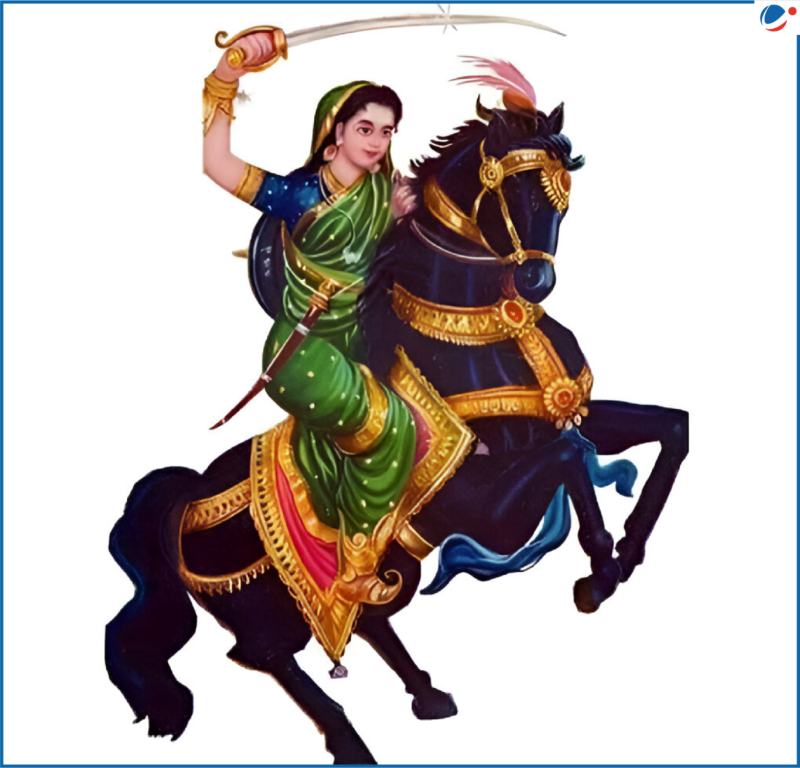 Illustration of Rani Chennamma in a green saree riding a black horse and holding a sword aloft.