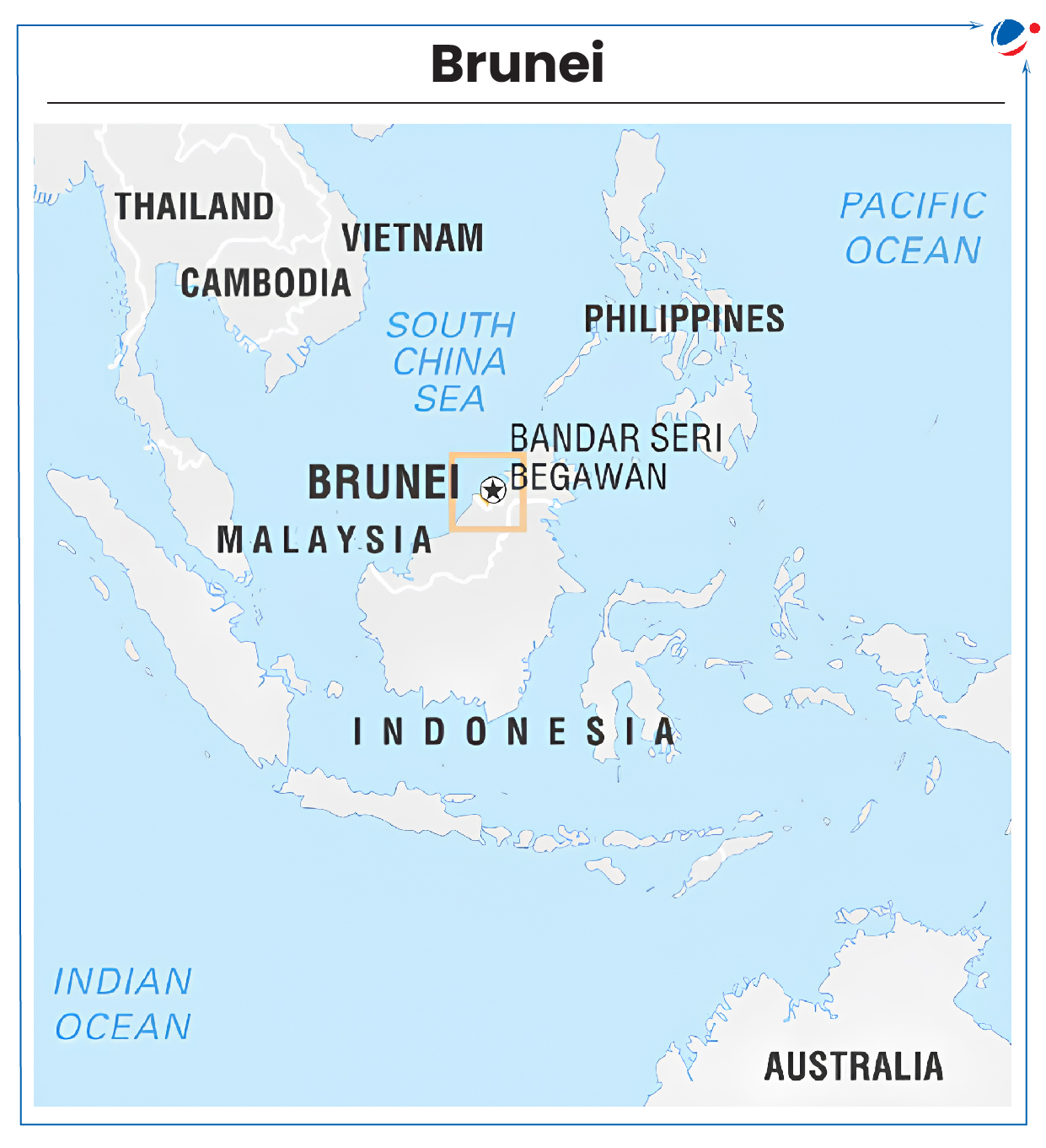 1. A detailed map of Brunei, showcasing its geographical features and borders within Southeast Asia.  2. An illustrated map of Brunei, highlighting its location and key geographical landmarks in the region.  3. A clear map of Brunei, depicting its layout and surrounding areas in Southeast Asia for geographical reference.