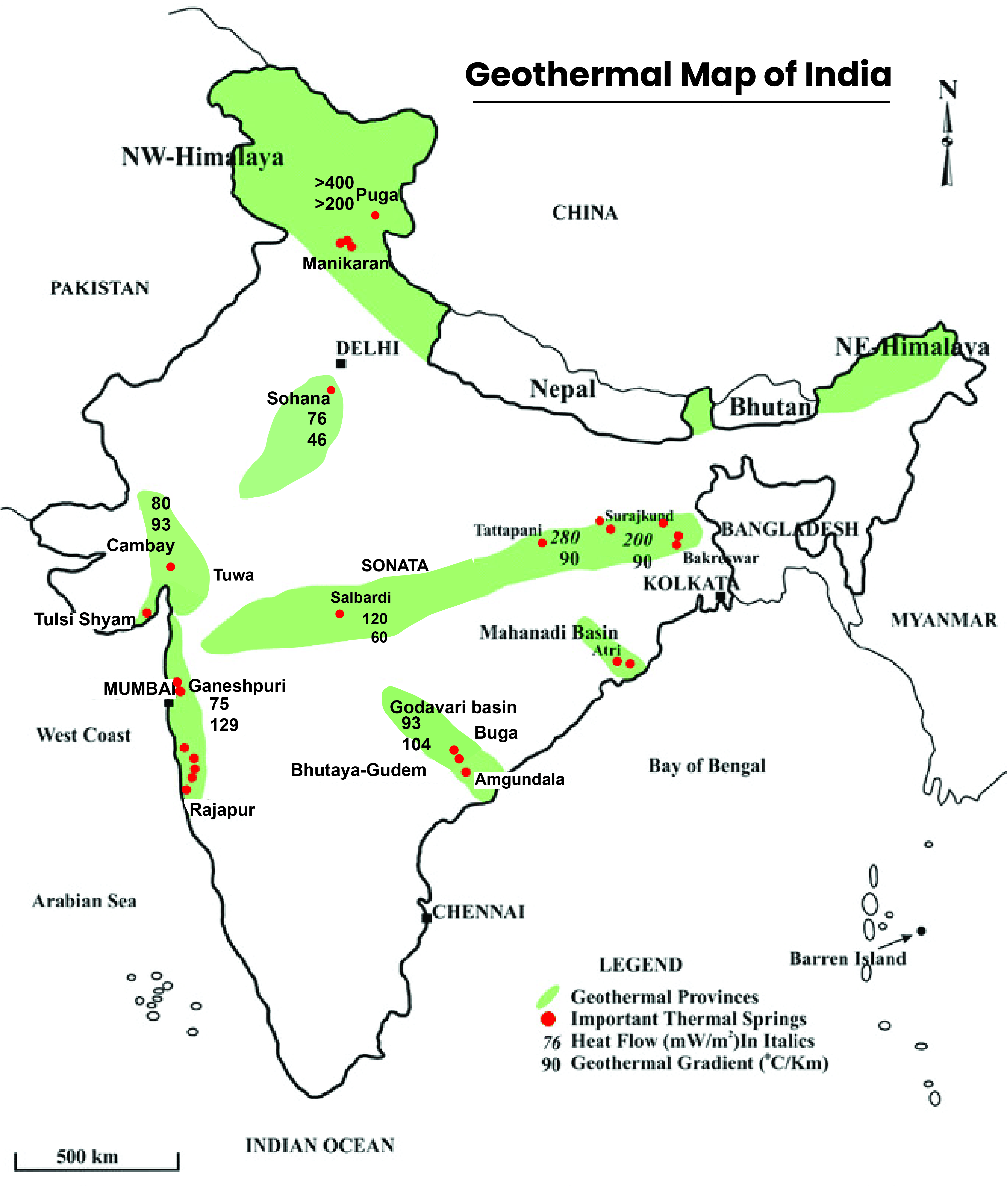 A map of India highlighting geothermal provinces in green, with important thermal springs marked by red dots. The map includes heat flow and geothermal gradient data for several regions.