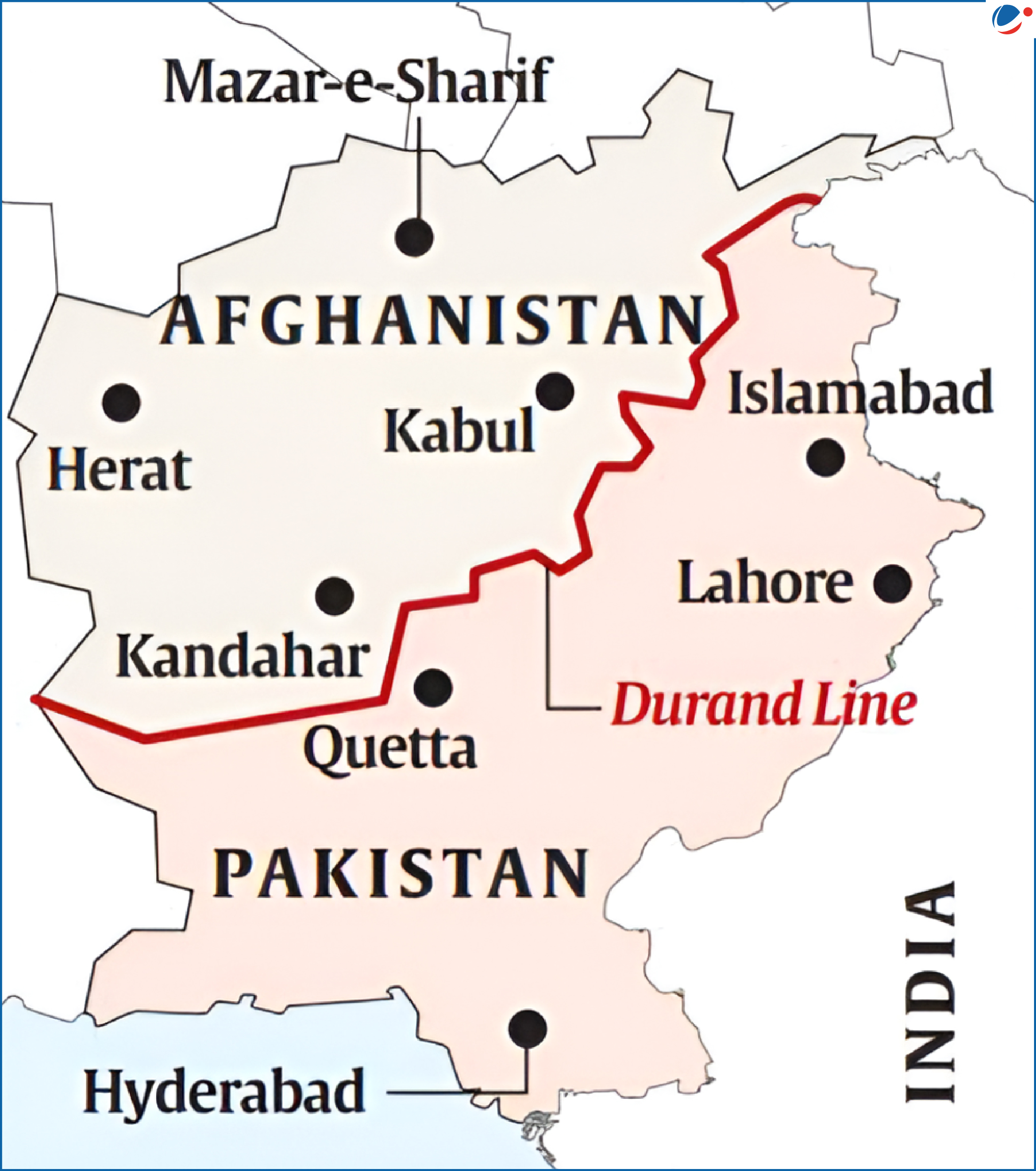 Map showing the Durand Line, the border dividing Afghanistan and Pakistan, with major cities including Kabul, Kandahar, Quetta, Islamabad, and Lahore.