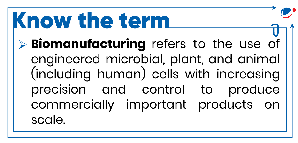 An infographic describing the term Biomanufaturing as the use of engineered microbial, plant, and animal (including human) cells with increasing precision and control to produce commercially important products on scale.