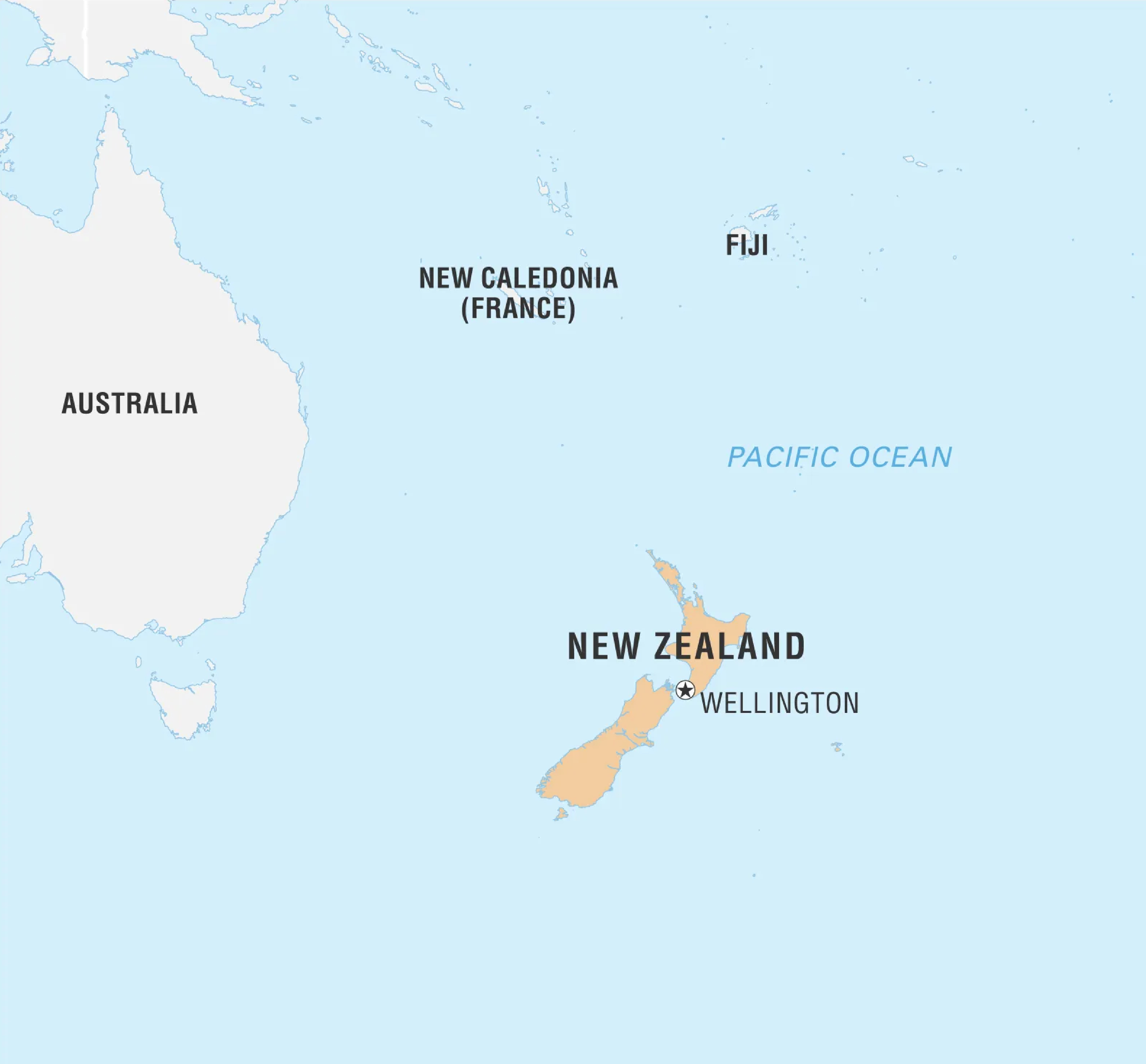 Map showing New Zealand in the Pacific Ocean, southeast of Australia. Positioned to the north is New Caledonia, labeled as part of France. The map highlights New Zealand’s capital, Wellington.