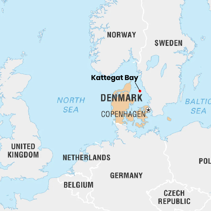 A map of Northern Europe highlighting Denmark in brown. It shows surrounding countries including Norway, Sweden, the United Kingdom, Netherlands, Belgium, Germany, Czech Republic, and Poland. Kattegat Bay is labeled in Denmark, near Copenhagen.