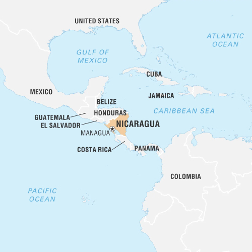 Map of Central American region highlighting the country of Nicaragua.