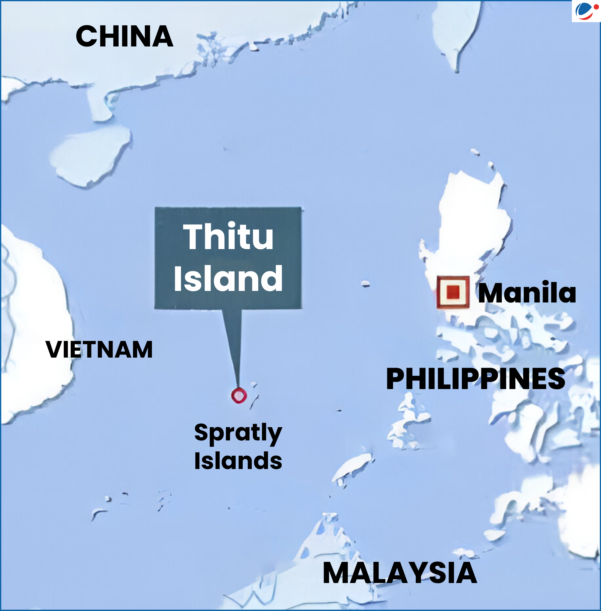 Map showing Thitu Island in the Spratly Islands, located in the South China Sea near the Philippines, Vietnam, and Malaysia.