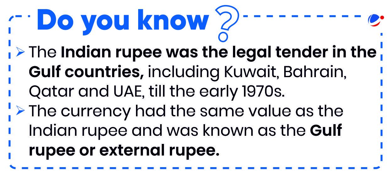 The image highlights that the Indian rupee was the legal tender in Gulf countries until the early 1970s and was known as the Gulf rupee or external rupee.