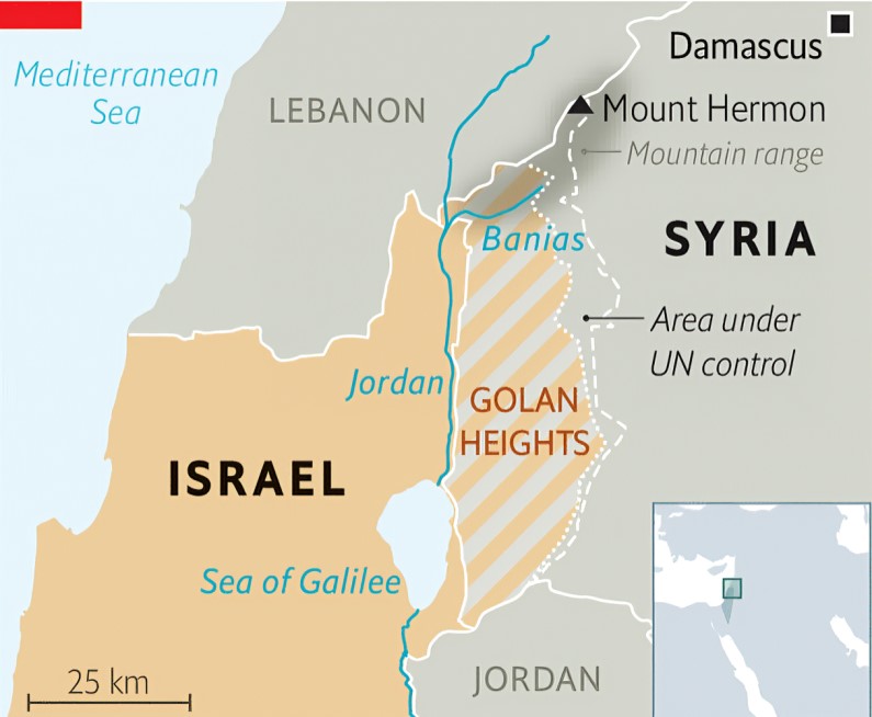 A map highlighting the Golan Heights region, bordered by Israel to the west, Syria to the east, and Lebanon to the north. It includes key labels such as Mount Hermon, the Sea of Galilee, and the area under UN control, marked with dotted boundaries.