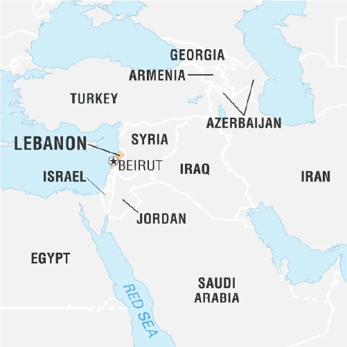 Geographical map featuring Lebanon, Iran, and Iraq, illustrating their locations in the Middle East region.