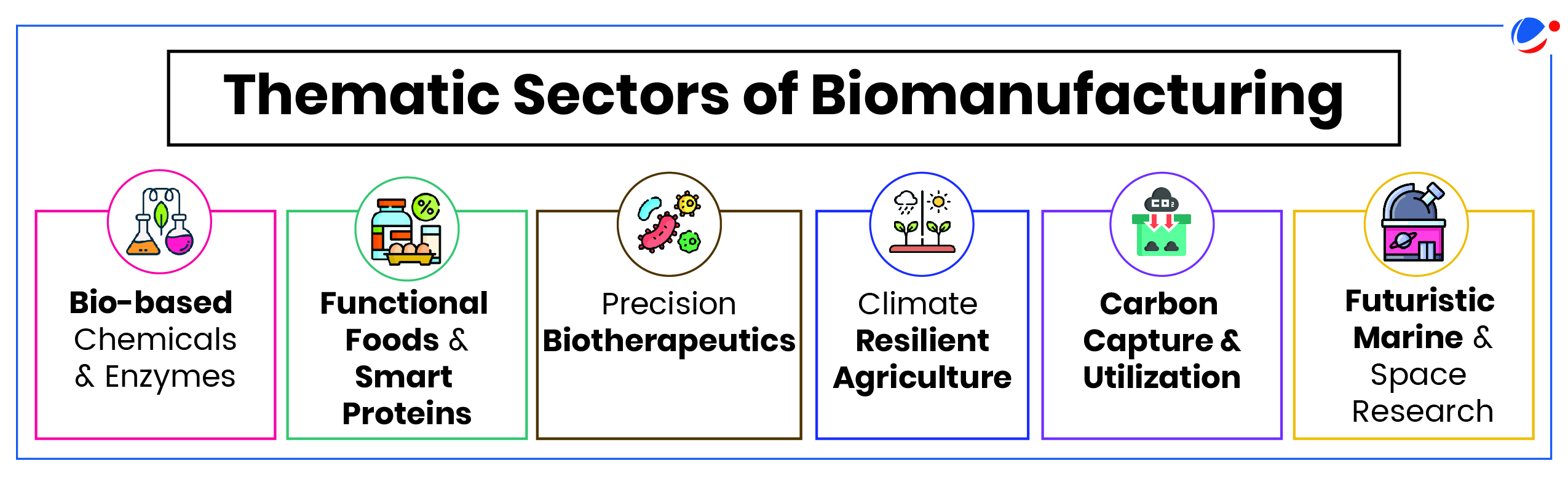 An infographic showing Thematic Sectors of Biomanufacturing viz., Bio-based Chemicals & Enzymes; Functional Foods & Smart Proteins; Precision Biotherapeutics; Climate Resilient Agriculture; Carbon Capture & Utilization; and Futuristic Marine & Space Research.