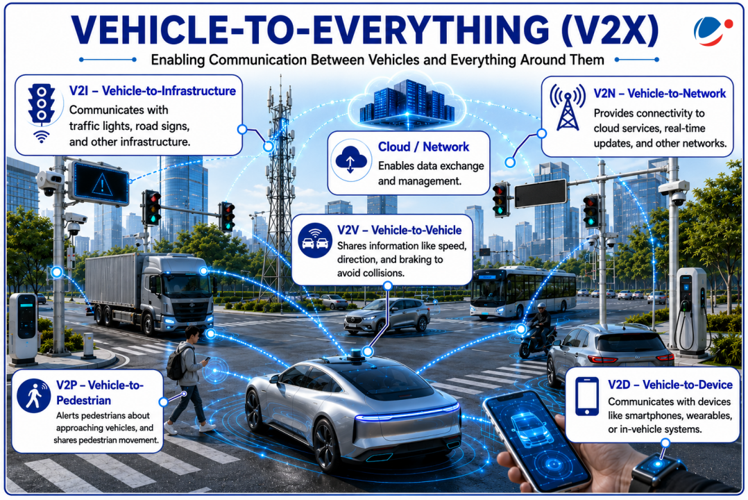 Infographic titled “Vehicle-to-Everything (V2X)” illustrating communication between vehicles and their surrounding environment in a connected smart city. It shows six V2X components: Vehicle-to-Infrastructure (V2I), which communicates with traffic lights, road signs and other infrastructure; Vehicle-to-Network (V2N), which connects vehicles to cloud services, real-time updates and networks; Vehicle-to-Vehicle (V2V), which shares speed, direction and braking information to avoid collisions; Vehicle-to-Pedestrian (V2P), which alerts pedestrians about approaching vehicles and shares pedestrian movement; Vehicle-to-Device (V2D), which communicates with smartphones, wearables and in-vehicle systems; and cloud/network connectivity for data exchange and management. Blue digital links connect cars, buses, trucks, pedestrians, traffic systems and mobile devices, demonstrating an integrated V2X ecosystem.
