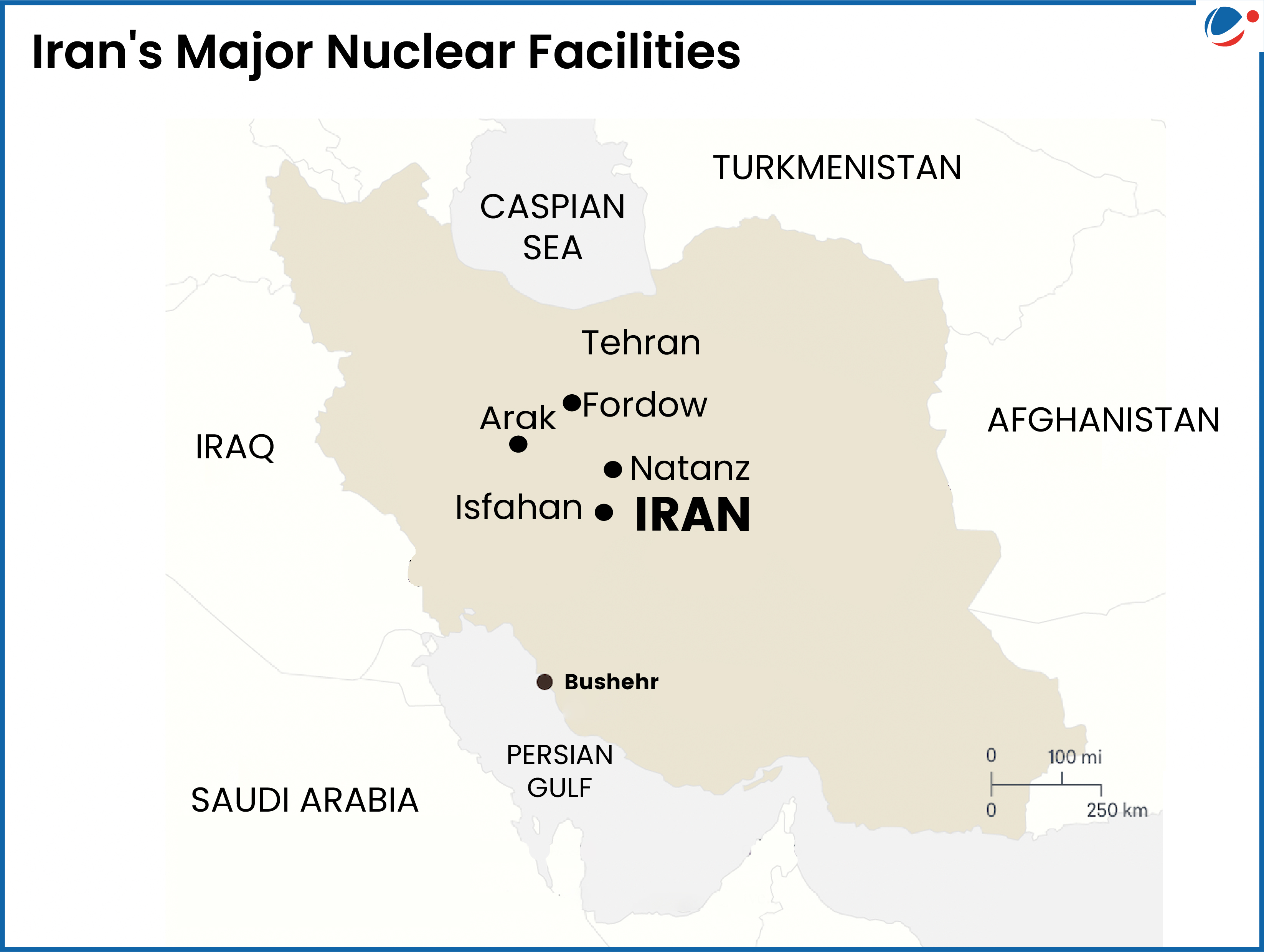 A map of middle east showing Iran's major nuclear facilities.