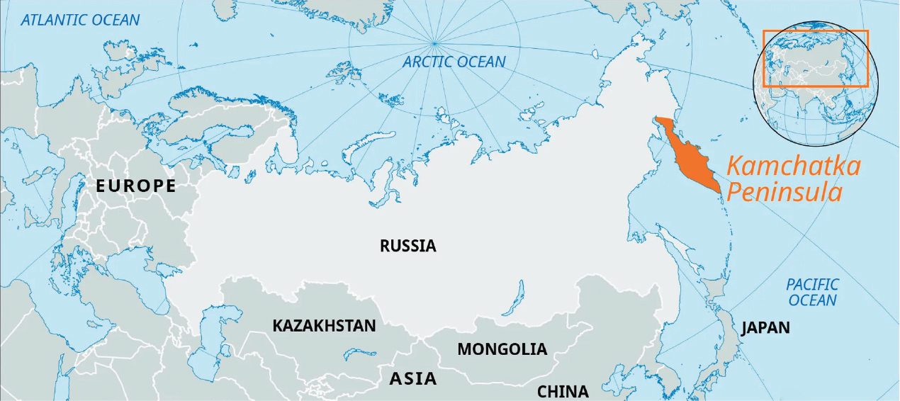 A map highlighting the Kamchatka Peninsula in Russia. The peninsula is shown in orange, while the rest of Russia and surrounding areas, including Europe, Kazakhstan, Mongolia, China, and Japan, are labeled. The Arctic and Pacific Oceans are also marked.