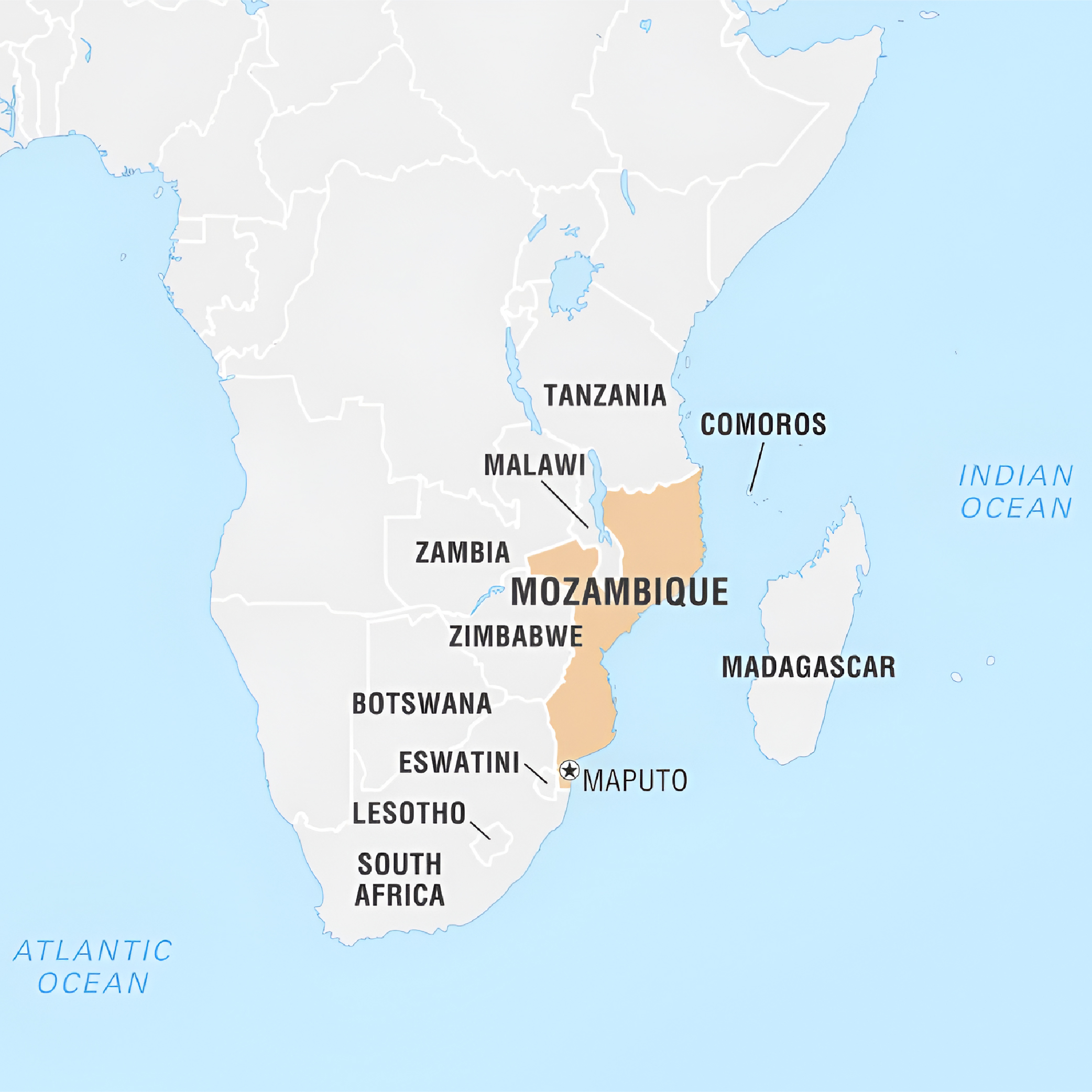 Map showing location of Mozambique