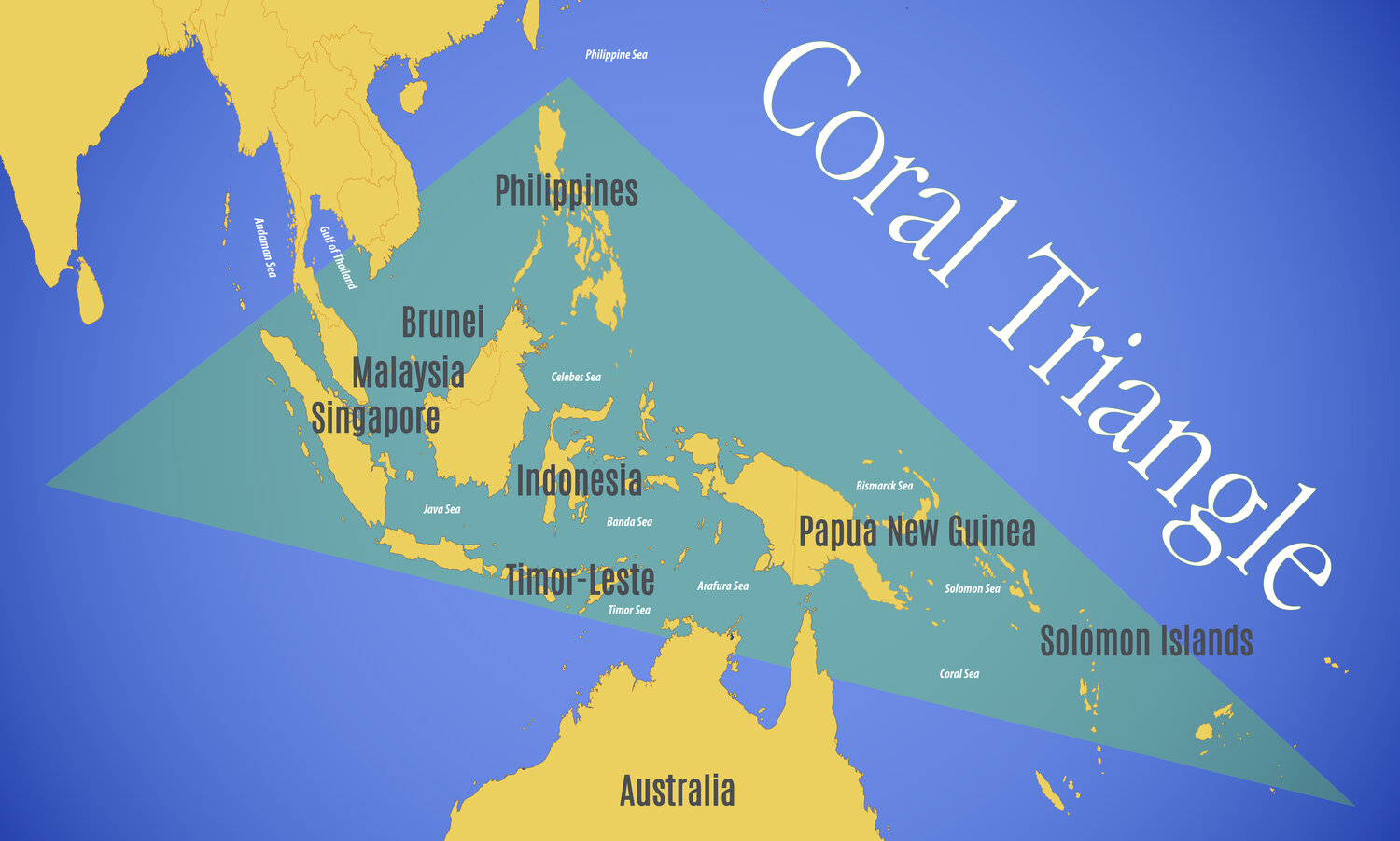 Coral Triangle consisting of Brunei, Malaysia, Singapore, Indonesia, Papua New Guinea, Solomon Islands, Timor-Leste