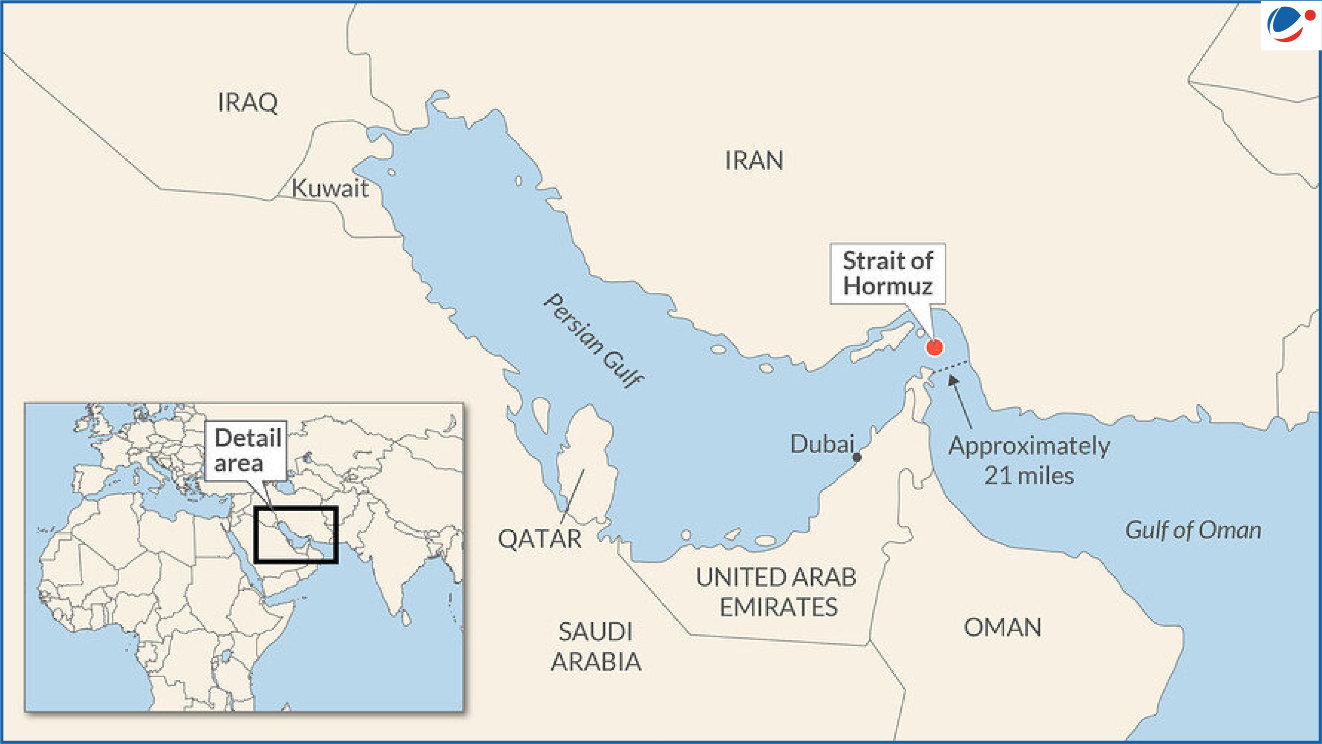 A regional map showing the Strait of Hormuz between Iran (north) and Oman and the United Arab Emirates (south). The narrow waterway, approximately 21 miles wide, connects the Persian Gulf to the Gulf of Oman. Surrounding countries such as Iraq, Kuwait, Saudi Arabia, and Qatar are labeled. A small inset map highlights the location of this area within the Middle East.
