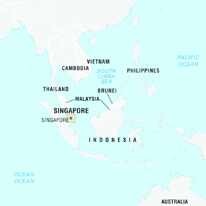 A regional map of Southeast Asia highlighting countries such as Singapore, Thailand, Malaysia, Vietnam, Cambodia, Brunei, the Philippines, and Indonesia. Major bodies of water like the South China Sea, Pacific Ocean, and Indian Ocean are also labeled.