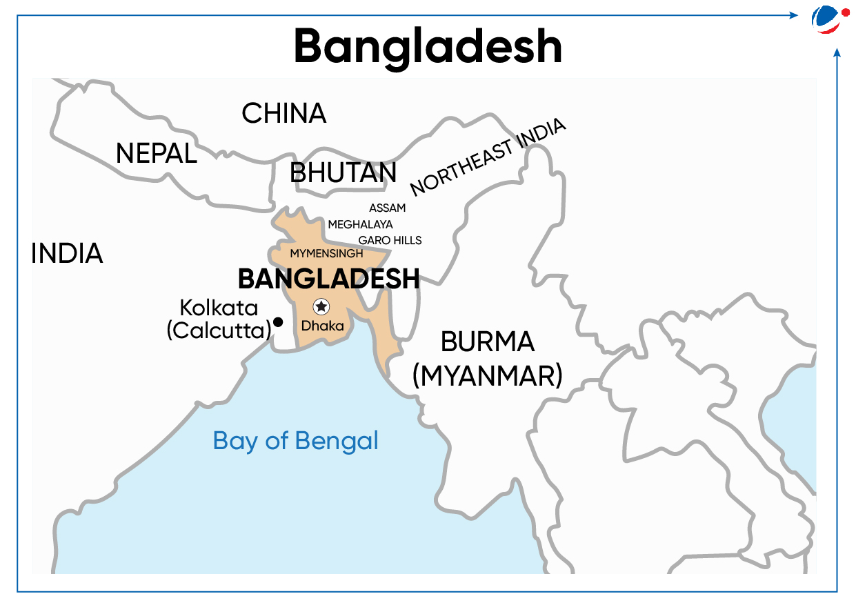 A map of Bangladesh and its surrounding regions, including parts of India, China, Nepal, Bhutan, and Myanmar. Key locations such as Dhaka, Kolkata (Calcutta), and the Bay of Bengal are marked. Bangladesh's borders and neighboring countries are clearly indicated.