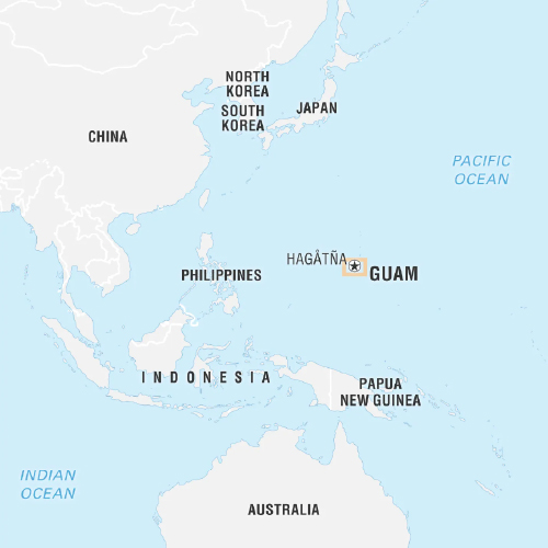 An infographic showing Guam Island in the North Pacific Ocean.