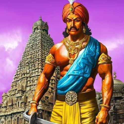 "An artistic representation of Raja Raja Chola, the legendary Chola emperor, in traditional royal attire with a blue sash, golden jewelry, and a sword. Behind him, an intricately designed South Indian temple rises against a bright purple sky, symbolizing his legacy."