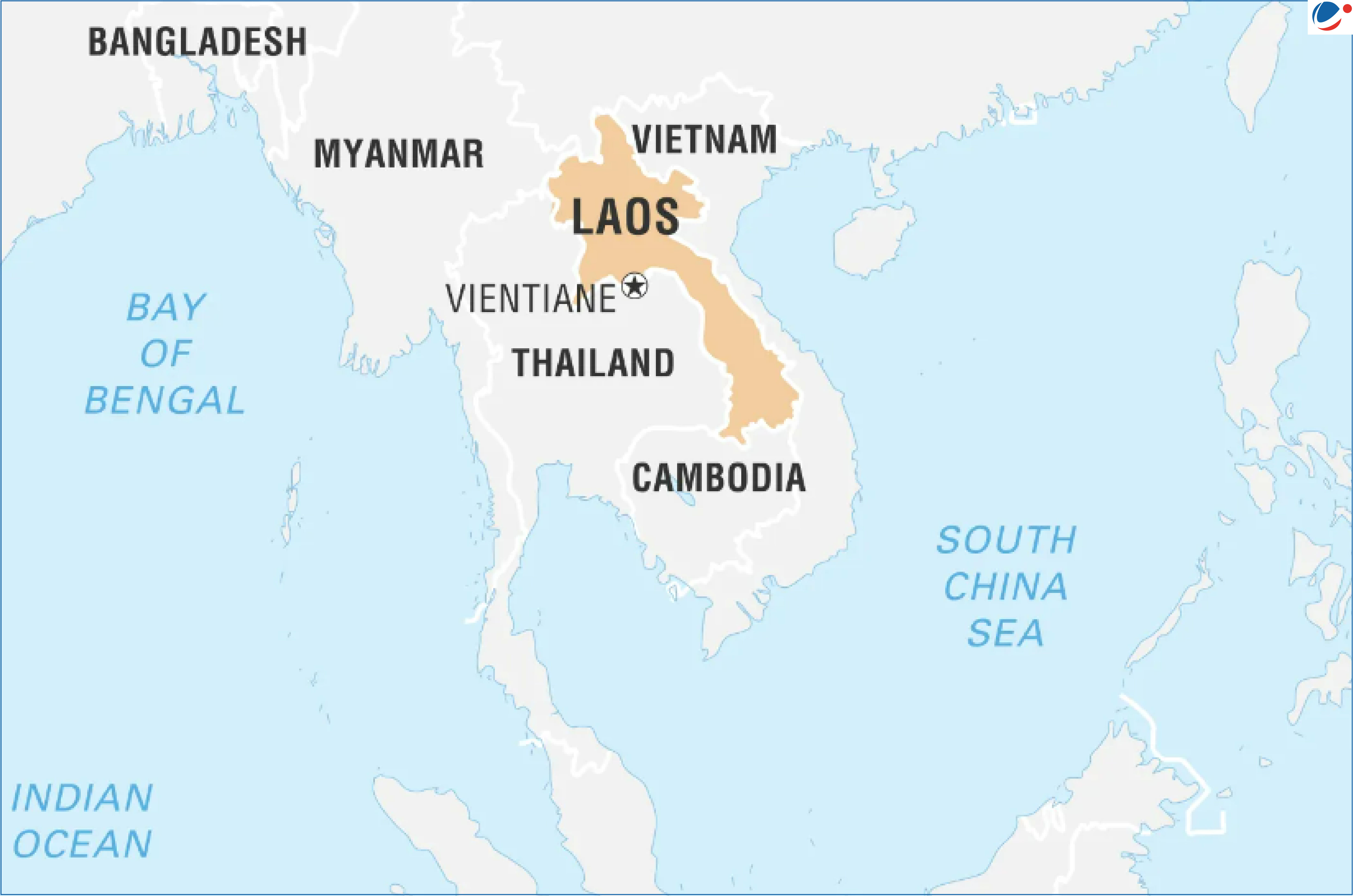 A map showing LAOS PDR with Vientiane as capital. Other neighbouring countries including Vietnam, Myanmar, Thailand and Cambodia are also visible in addition to Bay of Bengal and South China Sea. 