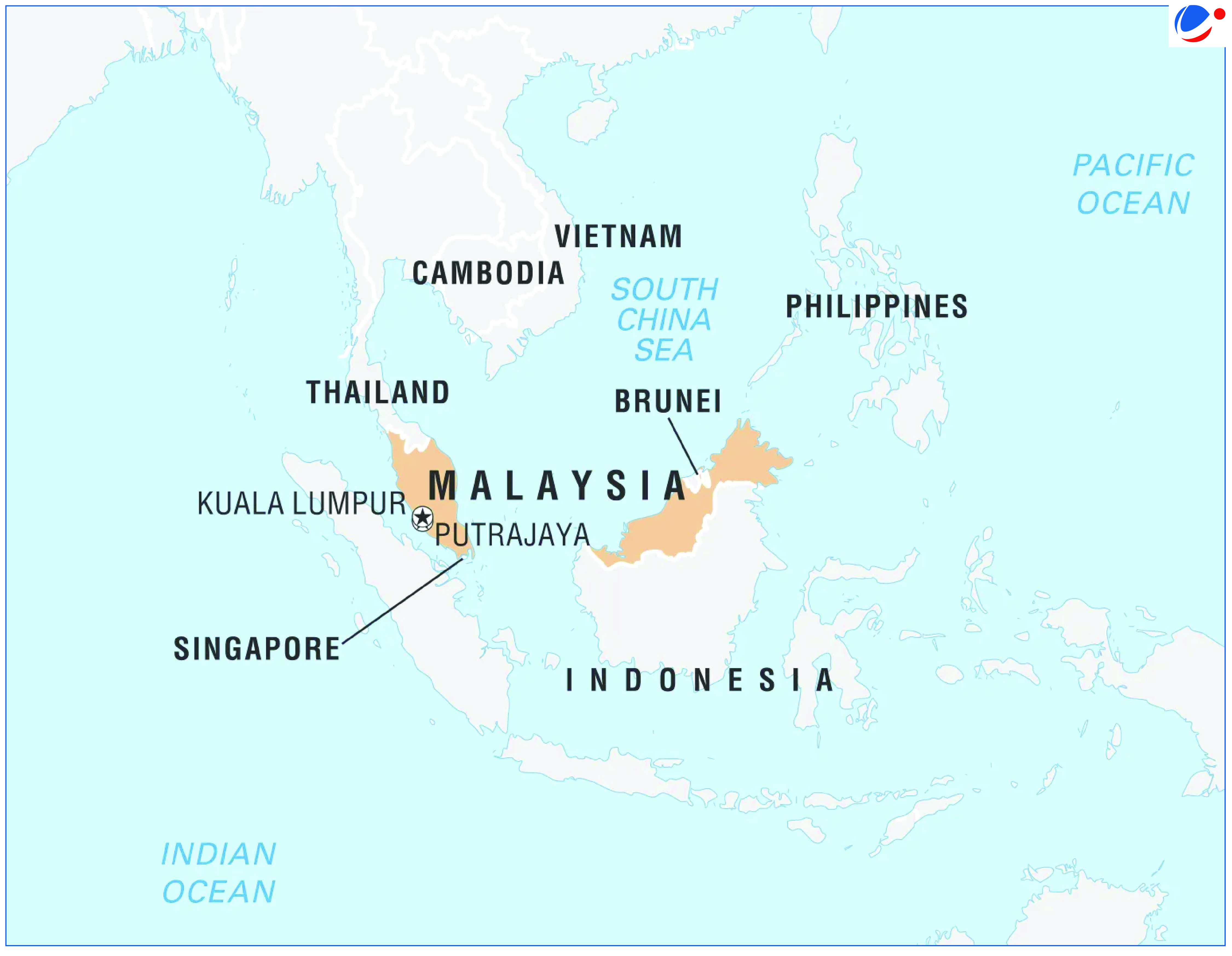 A map highlighting Malaysia in the South-East Asian region.