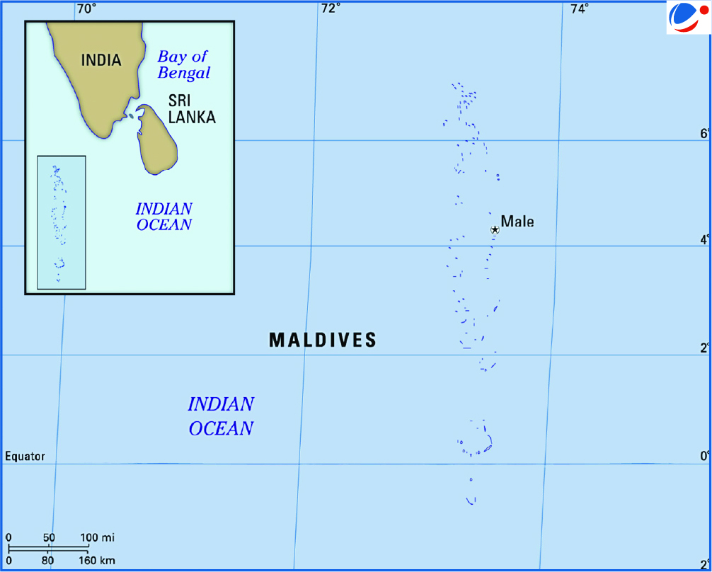 A map showing the Maldives in the Indian Ocean, southwest of Sri Lanka and India. The capital, Male, is marked. An inset map at the top left highlights the Maldives' location relative to India, Sri Lanka, and the Bay of Bengal.