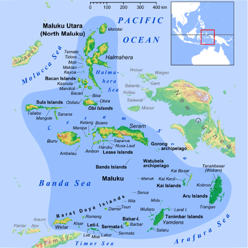 The image depicts a map of the Maluku Islands in Indonesia, showing various island groups in the region, including North Maluku (Maluku Utara) and Maluku itself, which are surrounded by multiple seas like the Pacific Ocean, Banda Sea, and Arafura Sea. The Halmahera Sea is located near the island of Halmahera (the largest island in the North Maluku province), in the northern part of the map. It is bordered by the Pacific Ocean to the east and the Molucca Sea to the west, with islands such as Ternate, Morotai, and Bacan situated nearby.