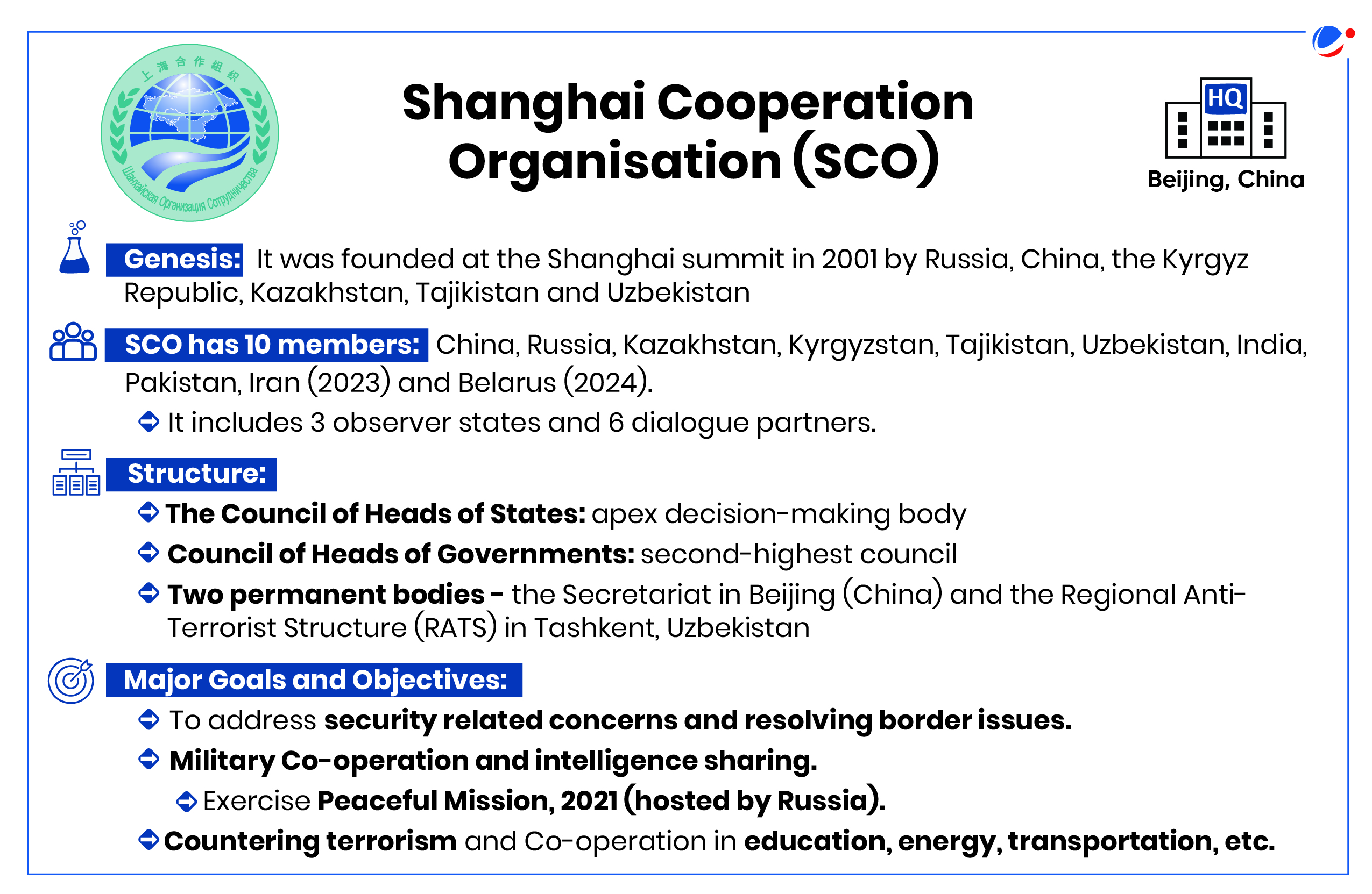 An infographic on the Shanghai Cooperation Organisation (SCO), detailing its founding in 2001 by multiple countries including Russia, China, and others. It has 13 members and focuses on security, economic cooperation, and combating terrorism.