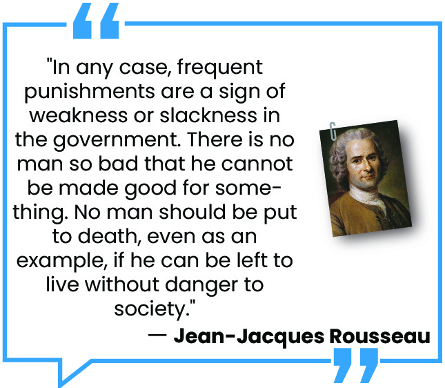 A quote by Jean-Jacques Rousseau is displayed in a blue speech bubble design. The quote reads: