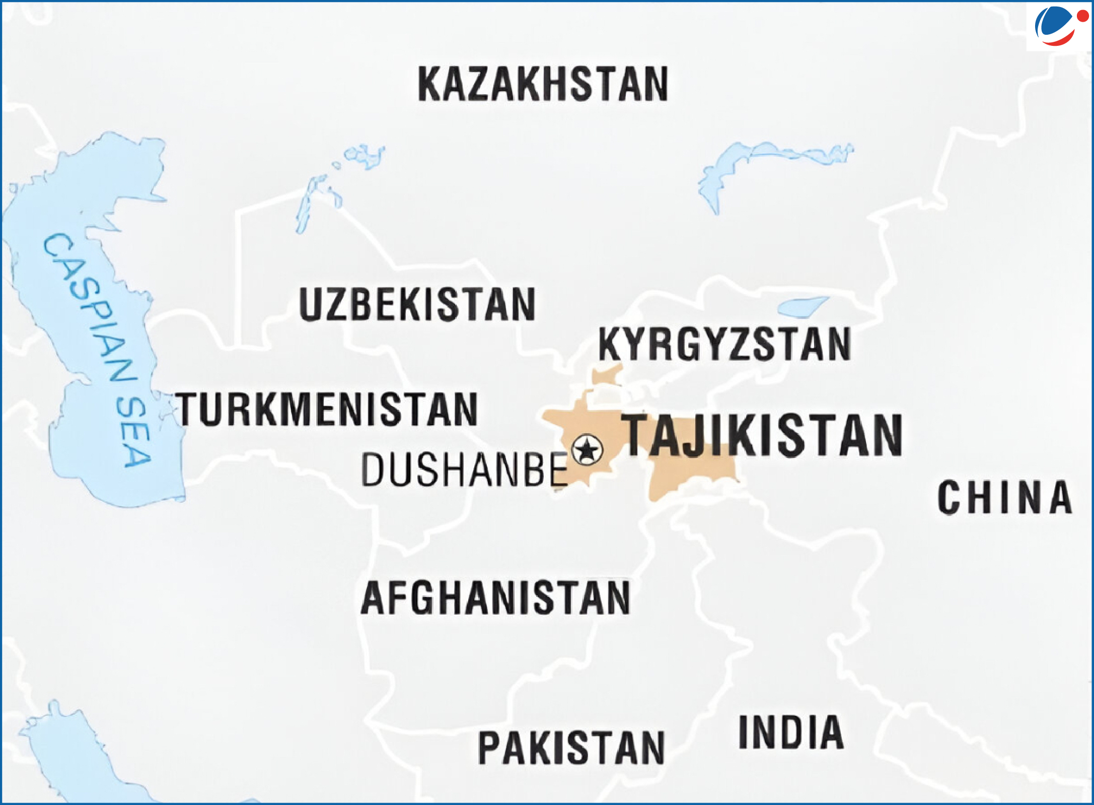 Map showing Tajikistan highlighted in orange with its capital Dushanbe marked. Neighboring countries include Afghanistan, China, Kyrgyzstan, Uzbekistan, and Turkmenistan. The Caspian Sea lies to the west, and India and Pakistan are shown to the south.