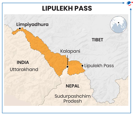 Image showing Lipulekh Pass.  India, Nepal and Tibets are also shown. Other places in the image include Kalapani valley and Limpiyadhura. 