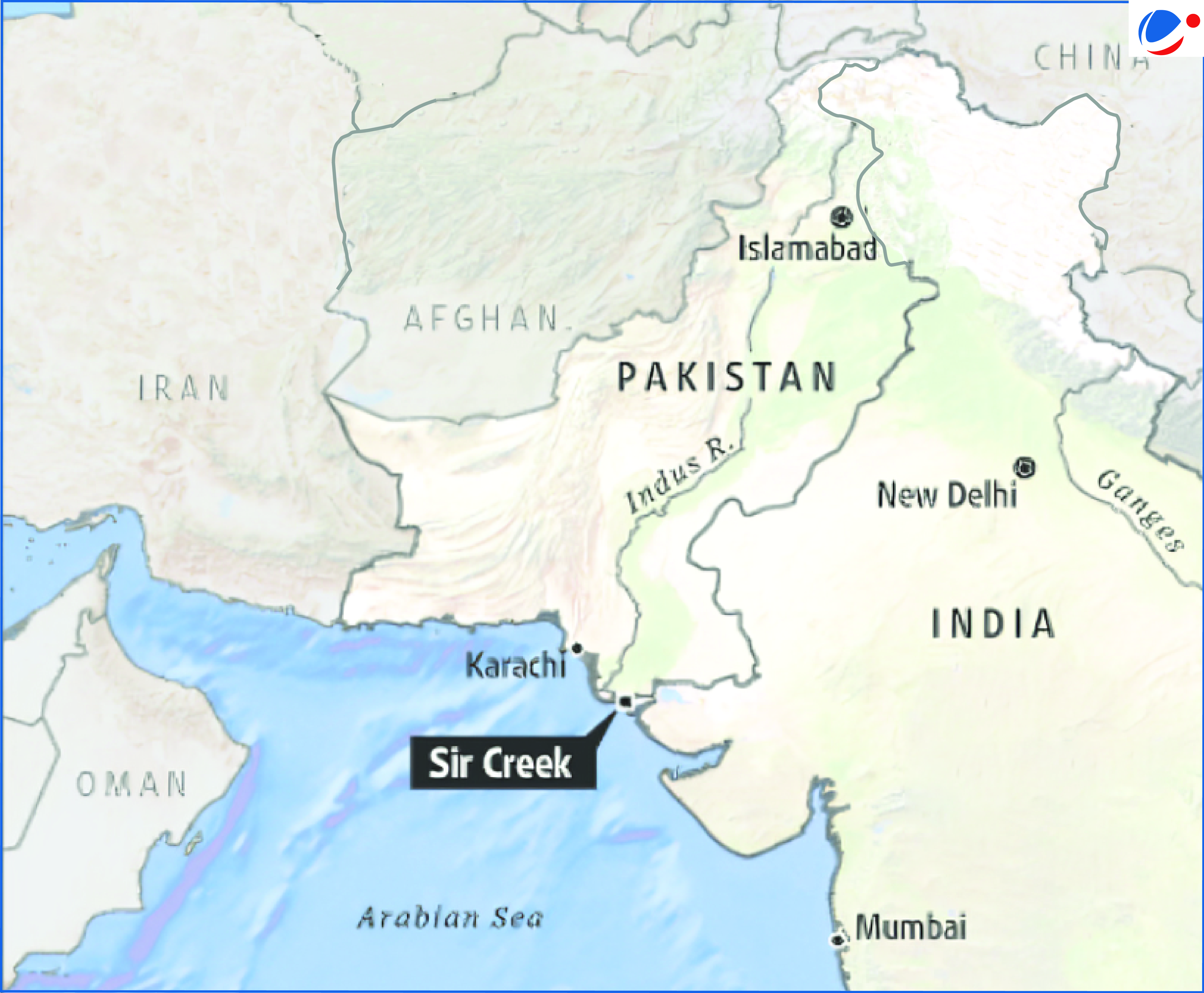 Map showing the location of Sir Creek at the India–Pakistan border near the Arabian Sea, with major cities like Karachi, Mumbai, New Delhi, and Islamabad marked along with rivers Indus and Ganges.