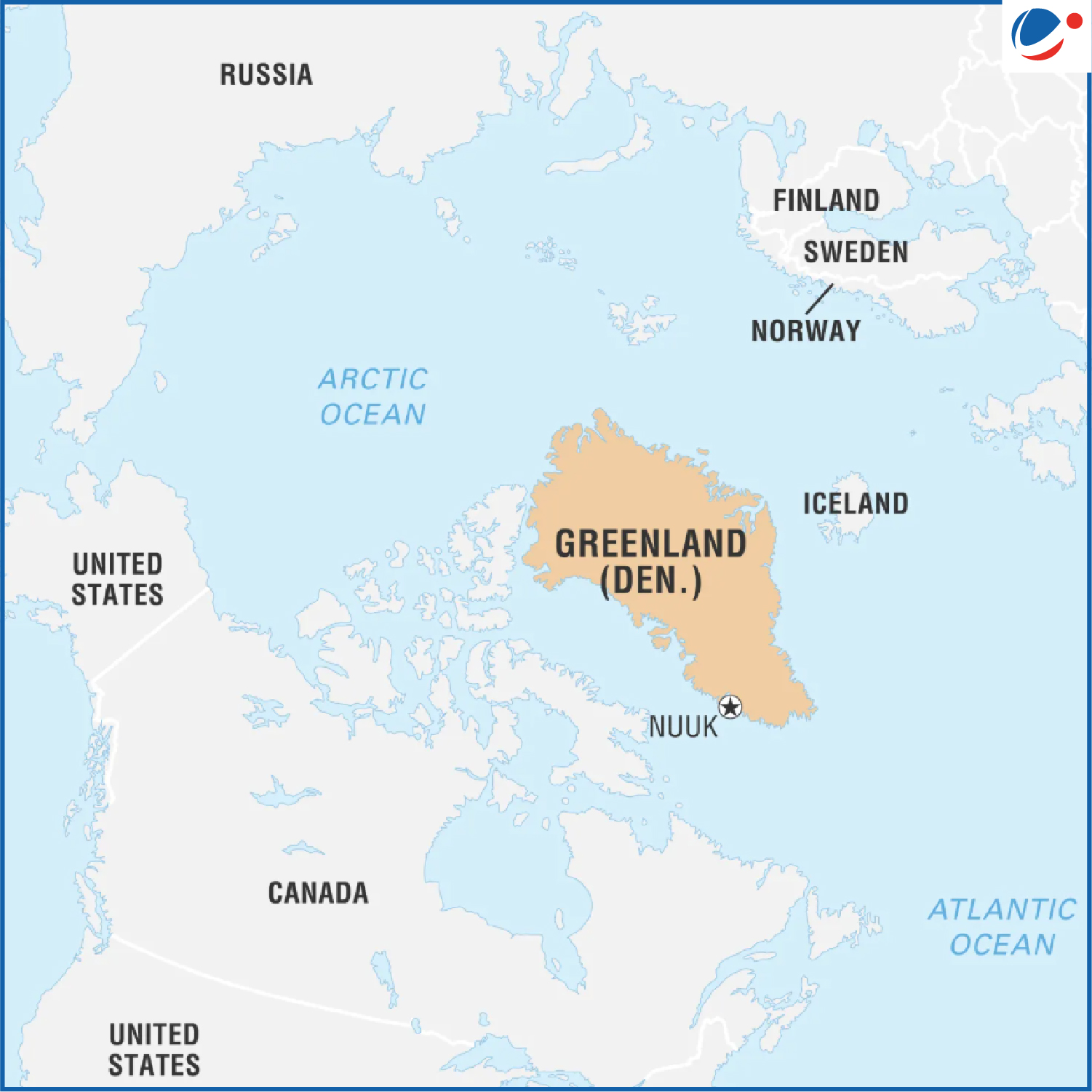 A political map of the Arctic region showing Greenland highlighted in tan with its capital, Nuuk, marked. Surrounding areas include Canada and the United States to the west, Russia to the east, and Iceland, Norway, Sweden, and Finland to the southeast. The Arctic Ocean occupies the central area of the map, with the Atlantic Ocean labeled to the lower right.
