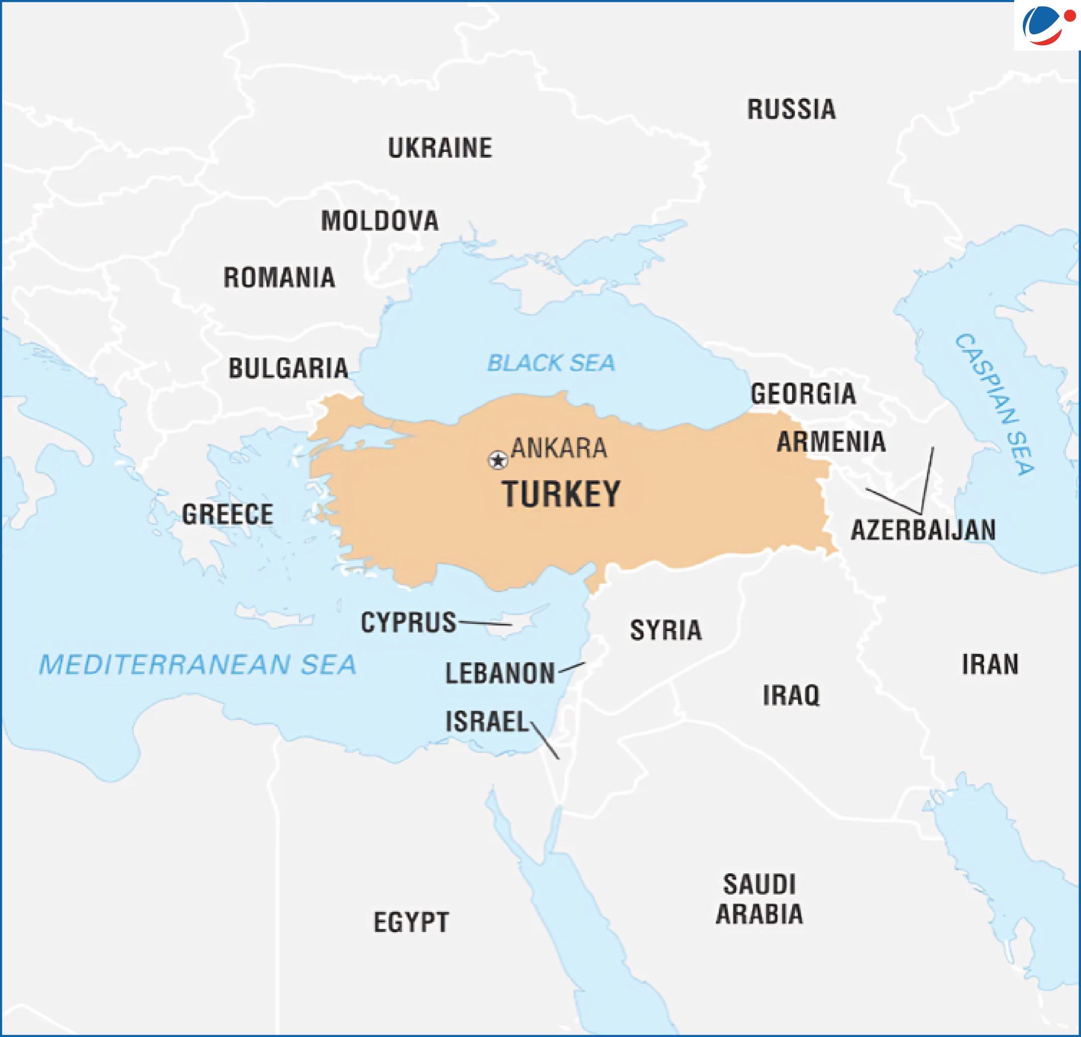 Map of Turkey highlighted in orange with neighboring countries including Greece, Bulgaria, Georgia, Armenia, Azerbaijan, Iran, Iraq, and Syria. The Mediterranean Sea lies to the south, the Black Sea to the north, and the capital city Ankara is marked with a star.
