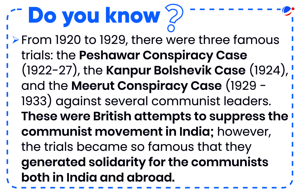 Infographic about details of famous trials related to communist movement in India in the pre-independence time.