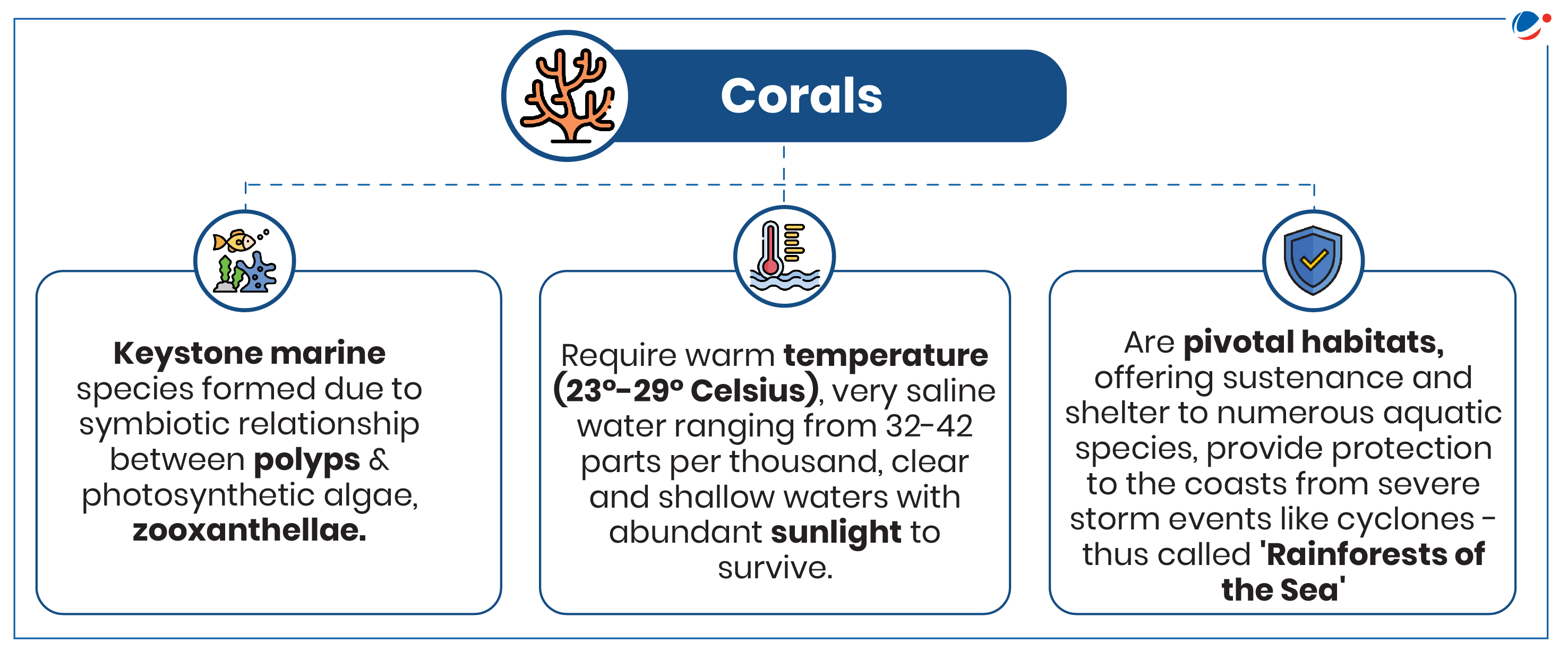 Infographic titled "Corals" with three sections: 1) Keystone marine species formed due to symbiotic relationship between polyps &amp; zooxanthellae. 2) Require warm temperature (23–29°C), saline water, and sunlight. 3) Vital habitats known as 'Rainforests of the Sea'.