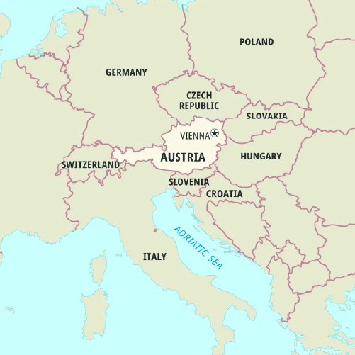 A map of Central Europe highlighting the country of Austria, labeled in white, with its capital Vienna marked. Surrounding countries include Germany, Czech Republic, Slovakia, Hungary, Slovenia, Italy, Switzerland, Croatia, and Poland. The Adriatic Sea is to the south.