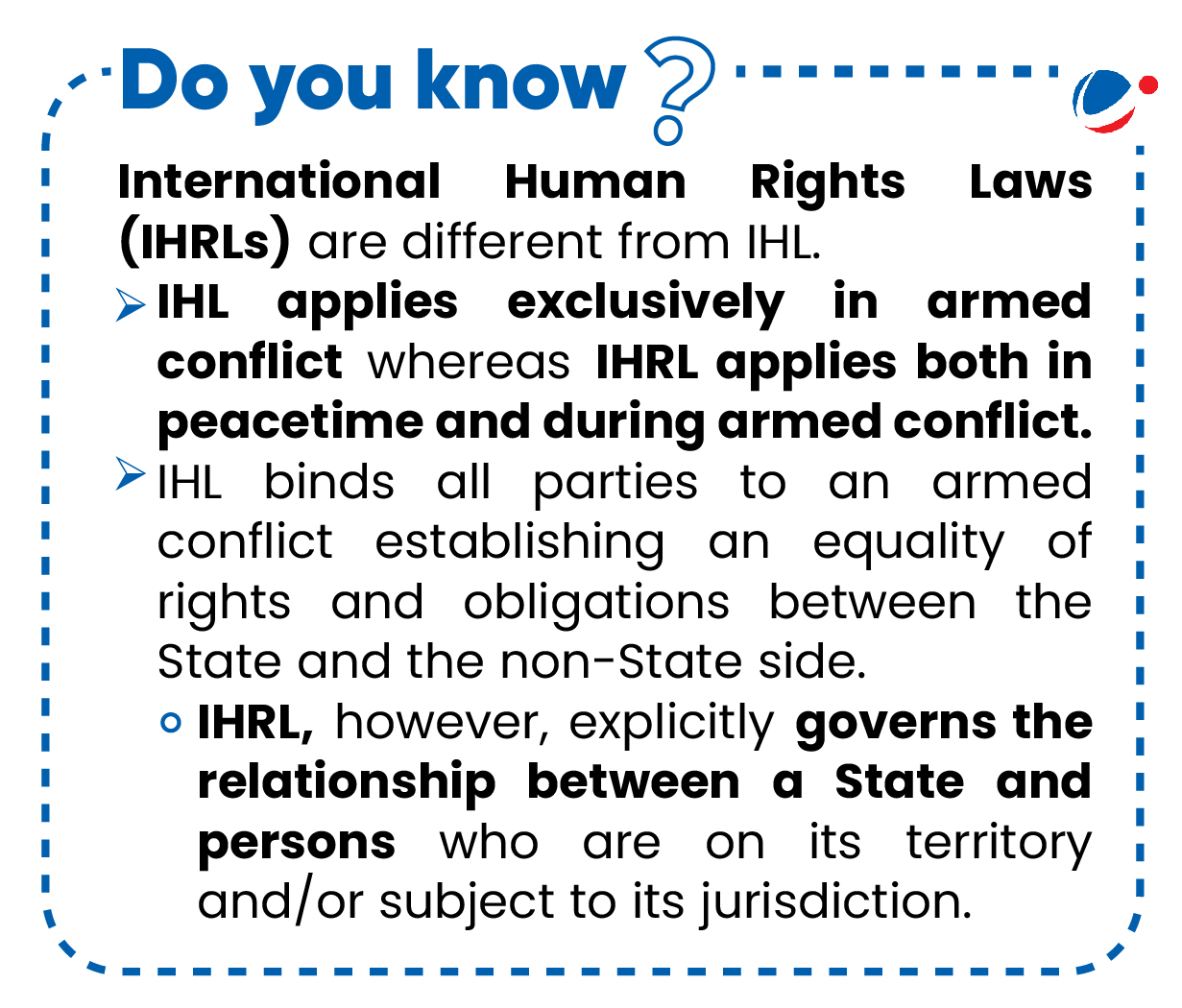 An infographic titled "Do you know?" compares International Humanitarian Law (IHL) and International Human Rights Law (IHRL). It explains that IHL applies in armed conflict, while IHRL applies in peace and conflict, highlighting their different scopes and purposes.