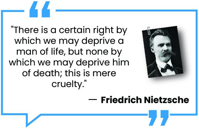 A quote by Friedrich Nietzsche is shown inside a blue speech bubble. The quote reads: